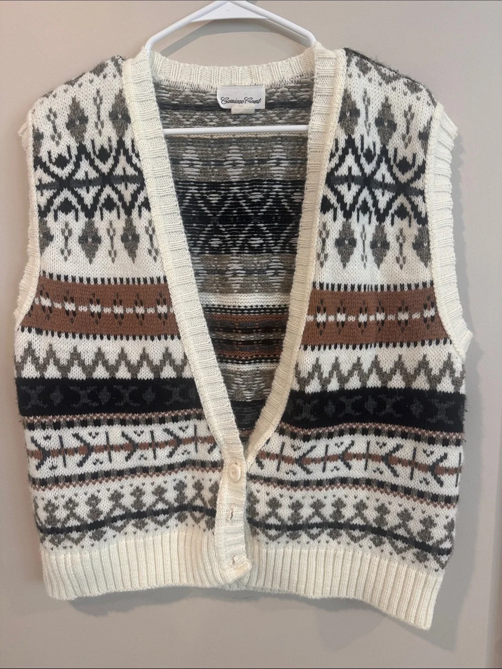 Carriage Court Vintage Fair Isle Knit Button Vest with Brown & Black Accents